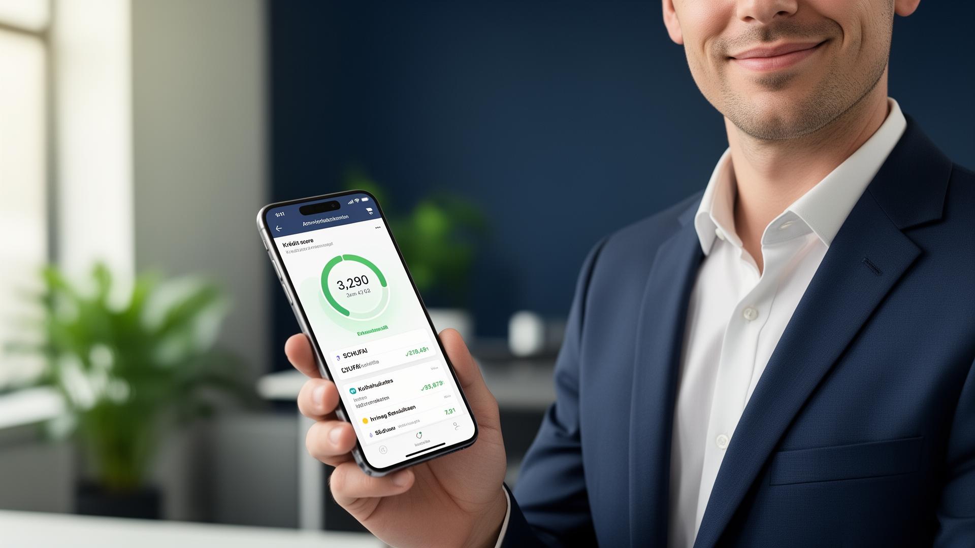 Person hält Smartphone mit SCHUFA-Auskunft